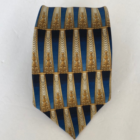 LANVIN PARIS SILK TIE BLUE GOLD COLUMNS - Picture 2 of 9